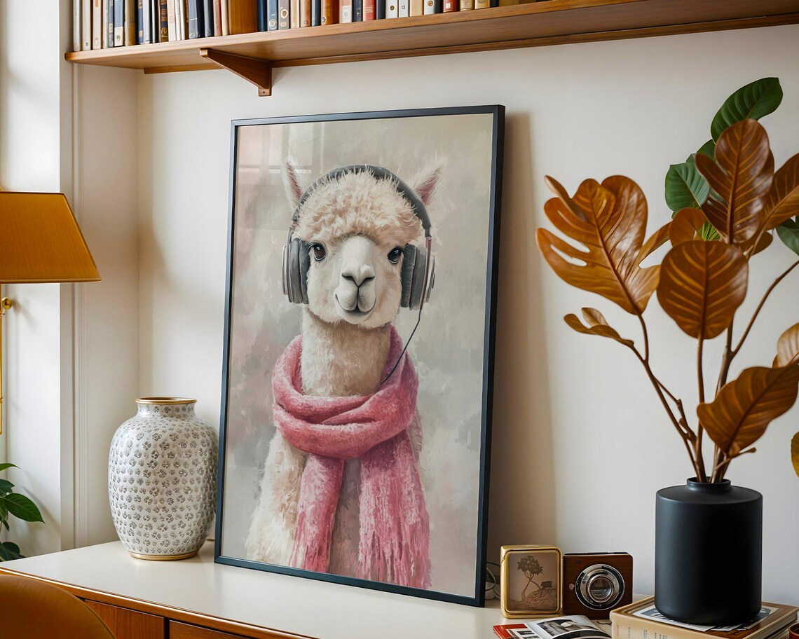 Alpaca Wearing Headphones and a Pink Scarf Watercolor Animal Poster - Image 5