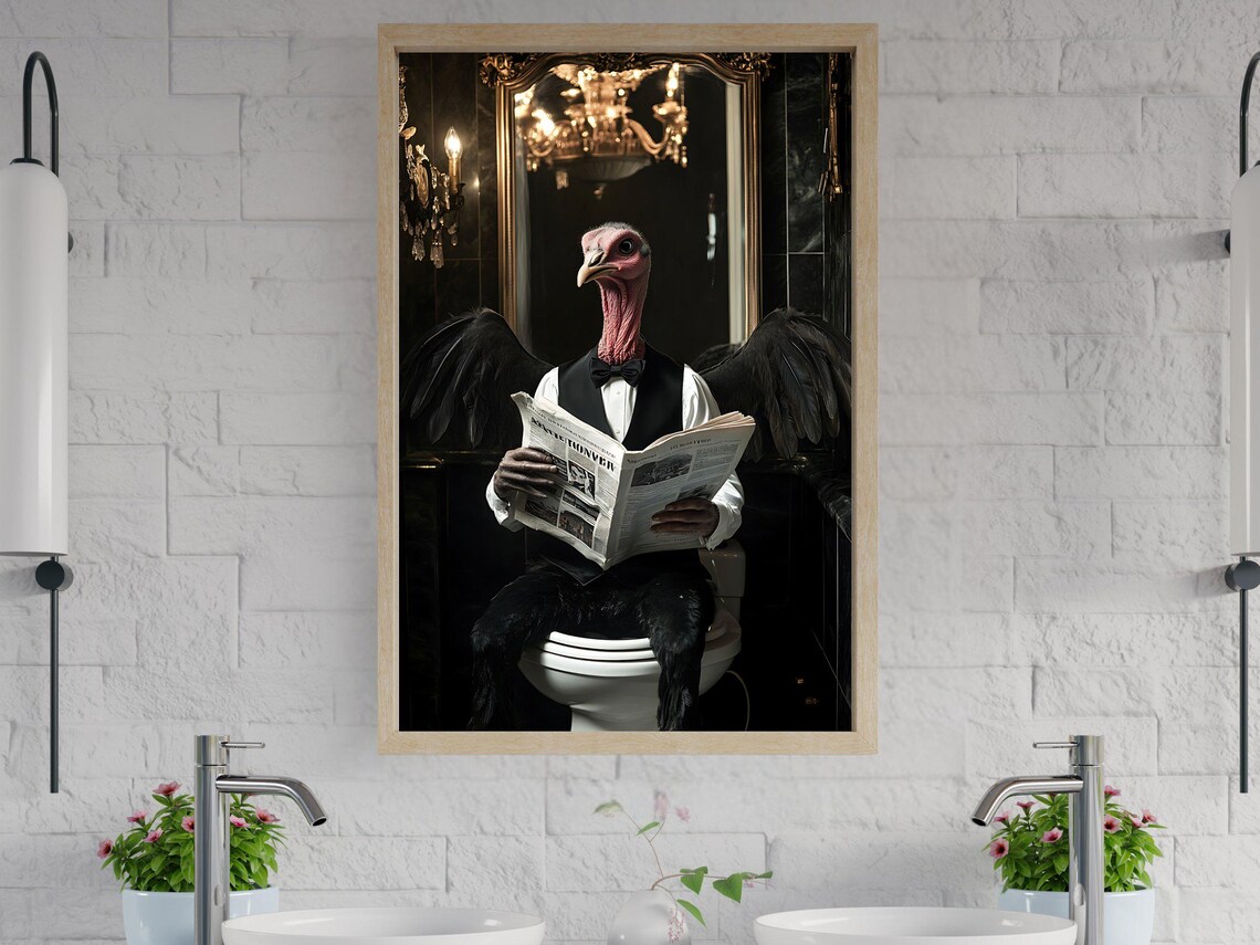 Turkey In Tuxedo Reading Newspaper Funny Bathroom Animal Poster