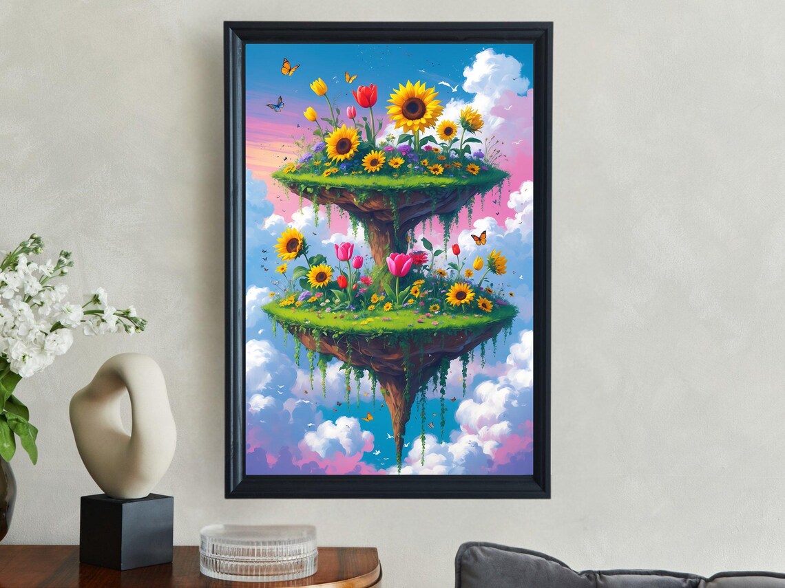 Floating Garden Islands With Sunflowers And Butterflies Poster