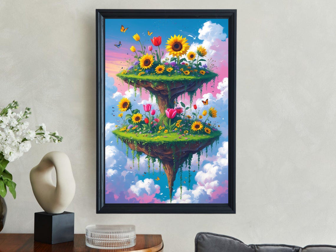 Floating Island Garden Wall Art Surreal Nature Artwork Colorful Flowers And Butterflies Whimsical Sky Fantasy Print