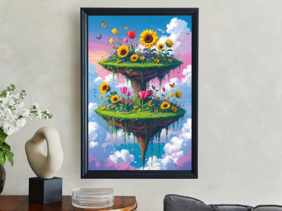 Floating Island Garden Wall Art Surreal Nature Artwork Colorful Flowers And Butterflies Whimsical Sky Fantasy Print
