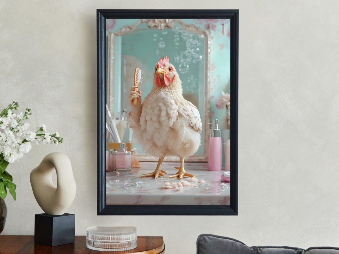 White Chicken Brushing Hair at a Vintage Bathroom Vanity Poster - Image 2