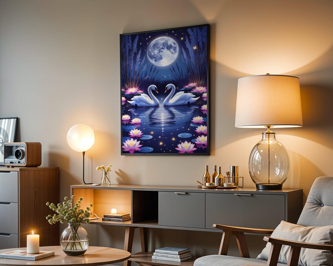Two Swans In Love Under A Full Moon Among Pink Lotus Flowers Poster - Image 3