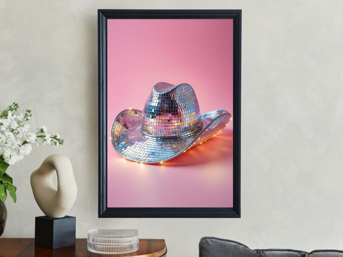 Disco Cowboy Hat Wall Art Print Retro Western Themed Home Decor Sparkling 80s Disco Style Poster Unique Gifts Pink Background Decor