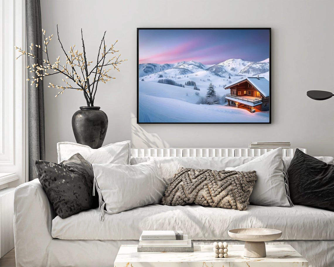Cozy Wooden Chalet in Snowy Mountains Under a Pink Dusk Sky Poster - Image 4