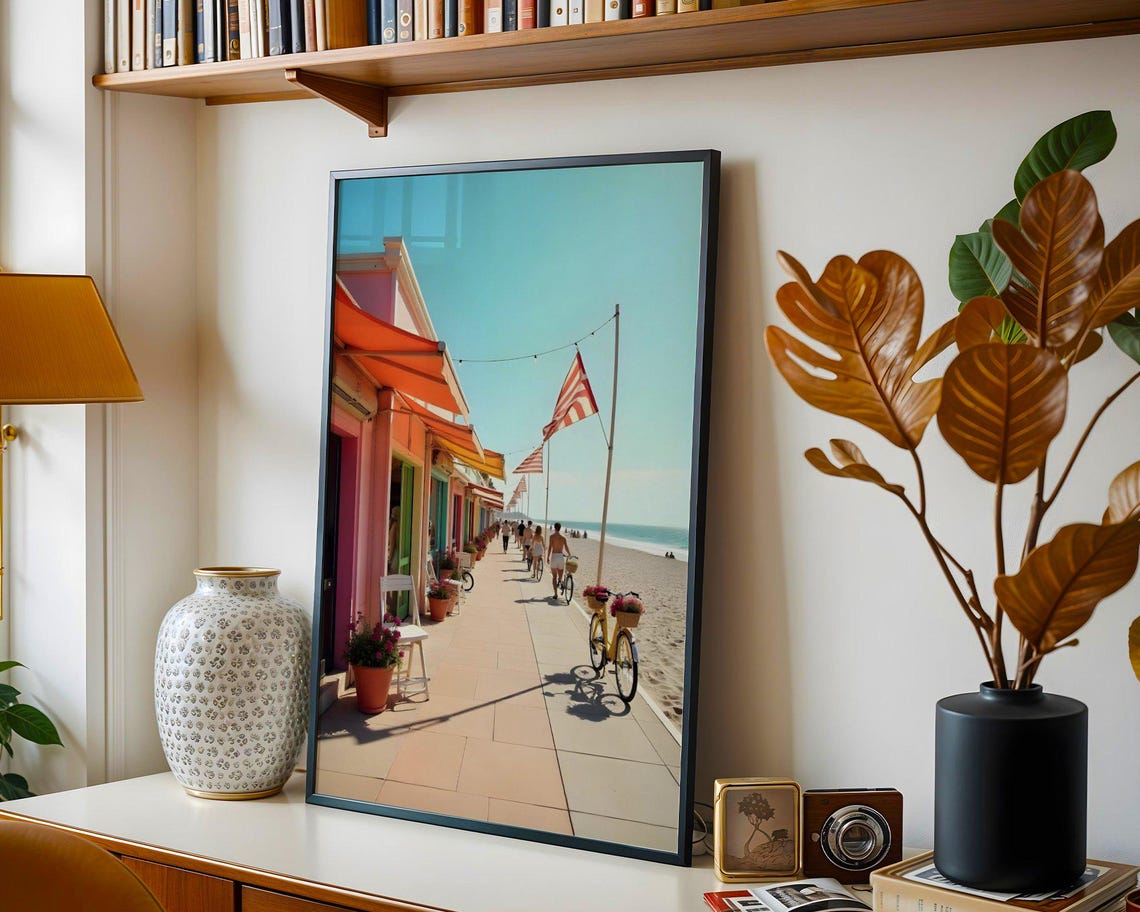 Colorful Seaside Boardwalk Promenade With Flags and Bicycles Poster - Image 3