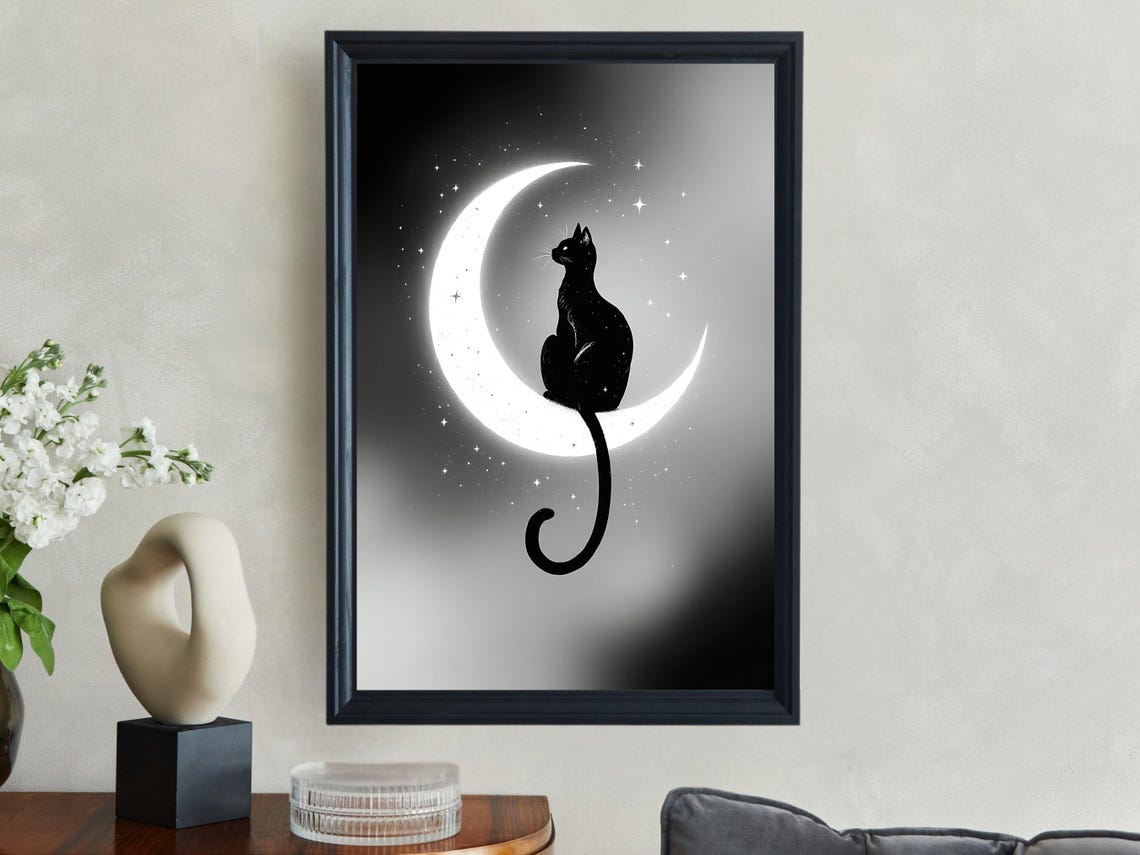 Black Cat Silhouette Sitting on a Crescent Moon in a Starry Sky Poster