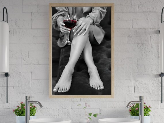 Crossed Bare Legs With A Glass Of Red Wine Minimalist Poster