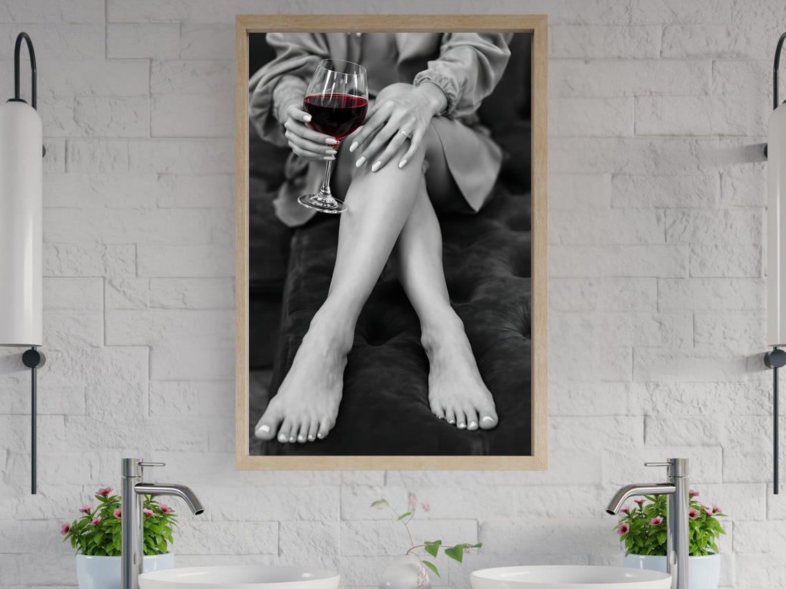 Crossed Bare Legs With A Glass Of Red Wine Minimalist Poster