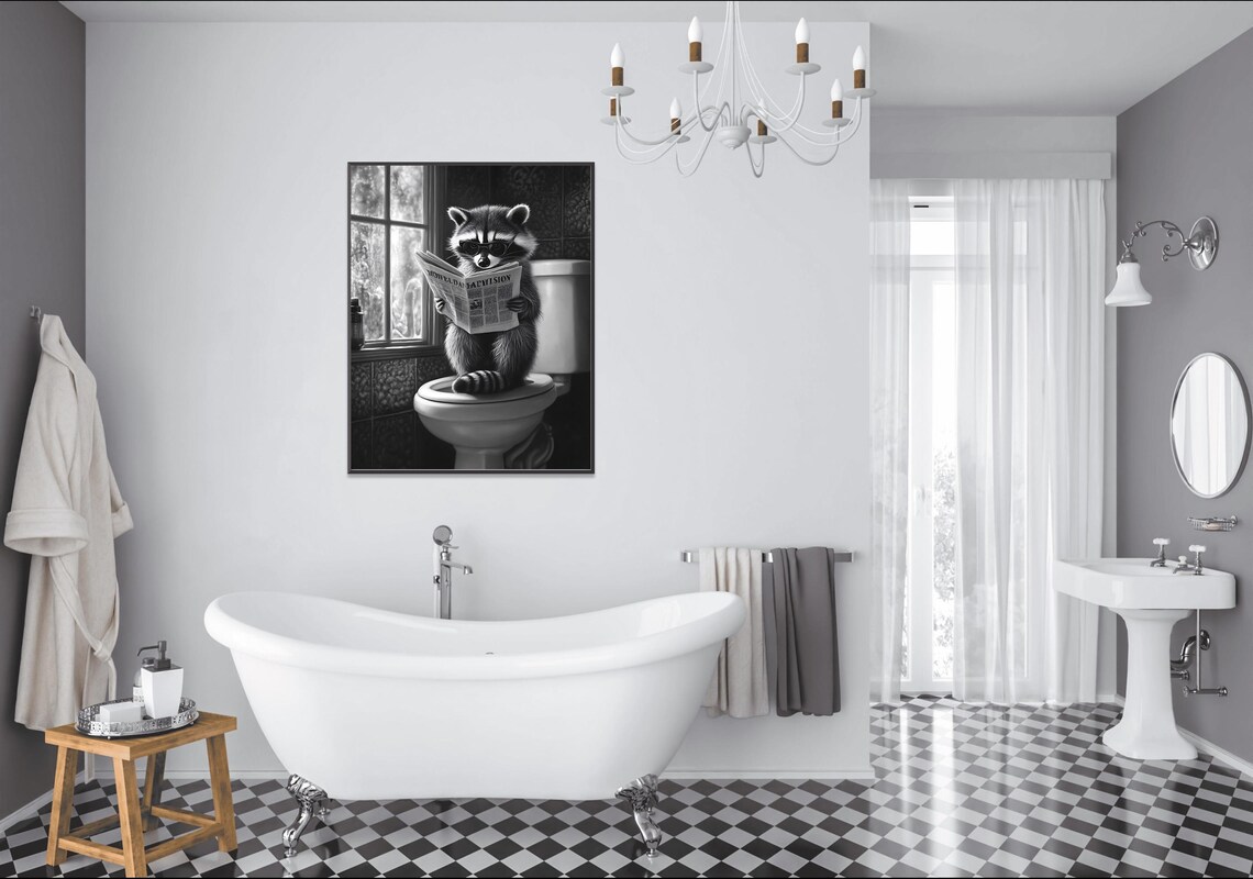 Raccoon Reading the Newspaper on the Toilet Funny Bathroom Poster - Image 2