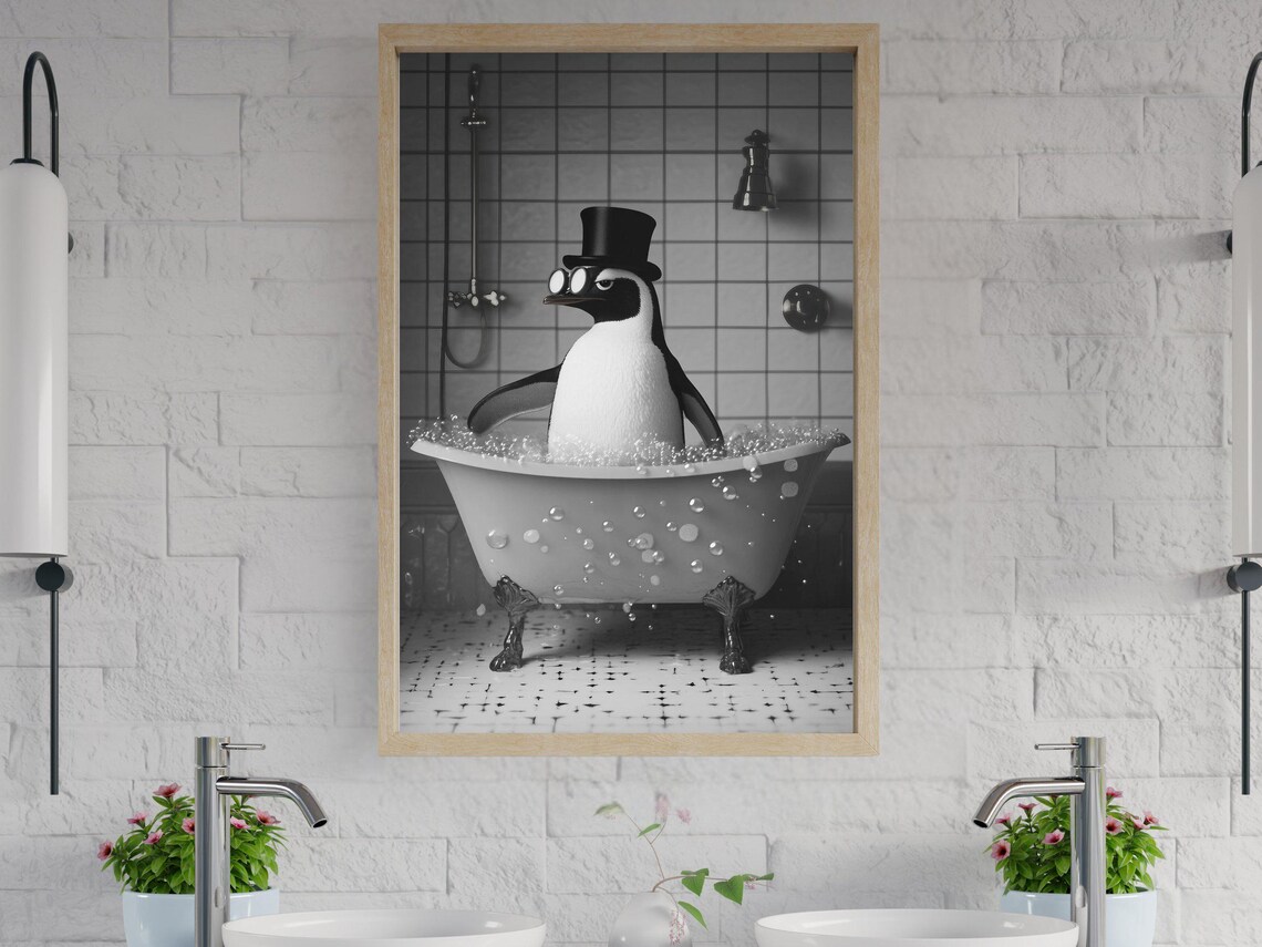 Penguin in a Top Hat Sitting in a Vintage Clawfoot Tub Poster