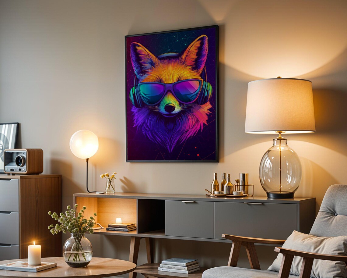 Neon Pop Art Fox with Headphones and Sunglasses Colorful Poster - Image 4