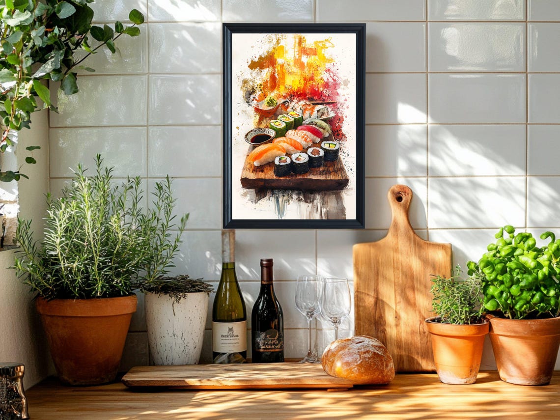 Colorful Sushi Platter Watercolor Japanese Food Kitchen Poster - Image 2
