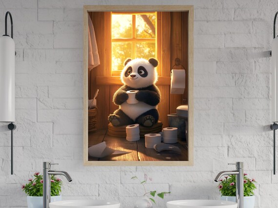 Panda Holding Cup In Sunlit Bathroom Funny Bathroom Animal Poster