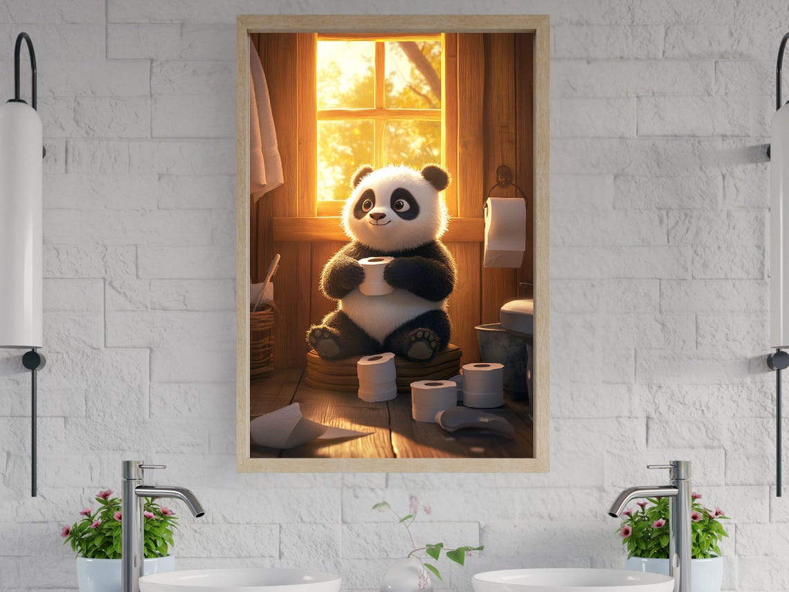 Panda Holding Cup In Sunlit Bathroom Funny Bathroom Animal Poster