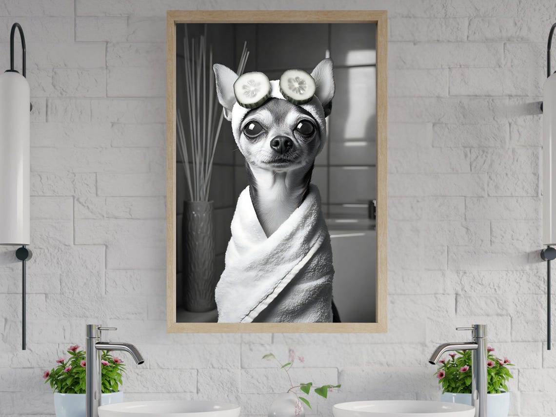 Chihuahua Wrapped in a Towel With Cucumber Slices on Its Head Poster