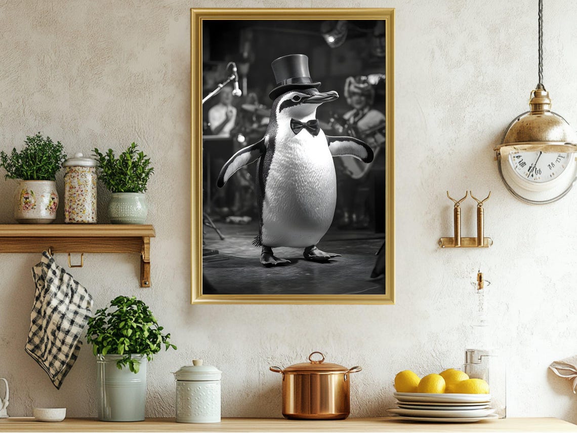 Dapper Penguin in Top Hat and Bow Tie Black and White Poster