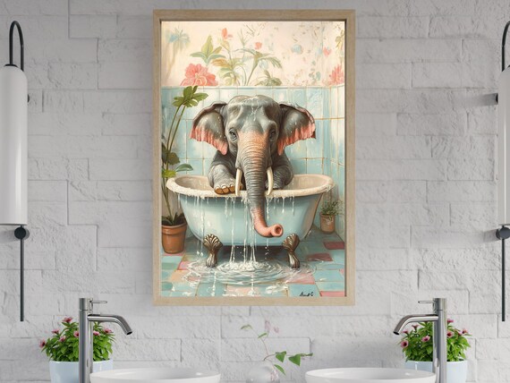 Playful Elephant Splashing In Bathtub Whimsical Colorful Animal Poster