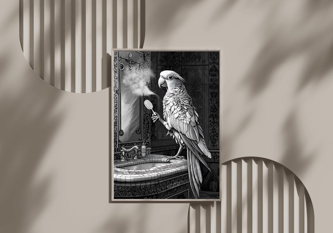 Parrot Holding a Shower Brush at an Ornate Sink Black and White Poster