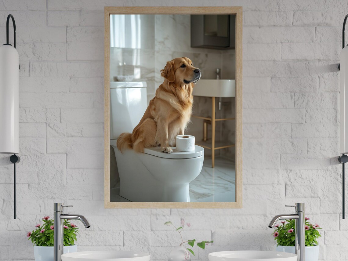 Golden Retriever Sitting on a Toilet With Toilet Paper Poster