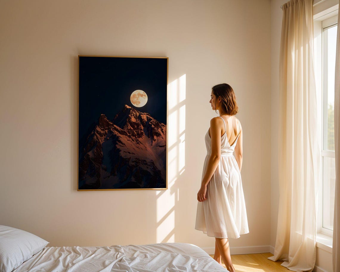 Full Moon Rising Over a Snow-Capped Mountain Peak at Night Poster - Image 2