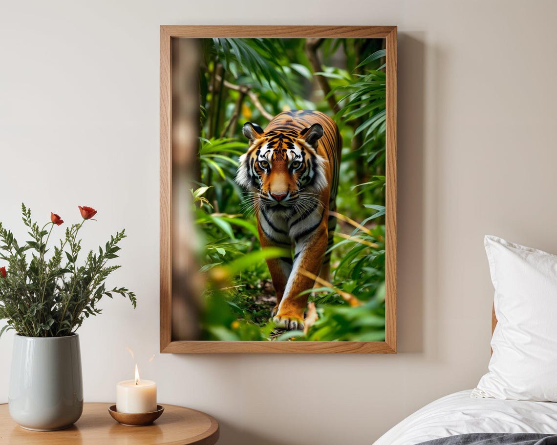 Majestic Tiger Emerging From Dense Green Jungle Foliage Poster