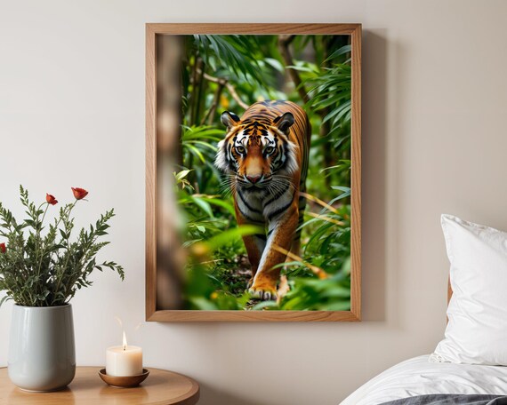 Majestic Tiger Emerging From Dense Green Jungle Foliage Poster