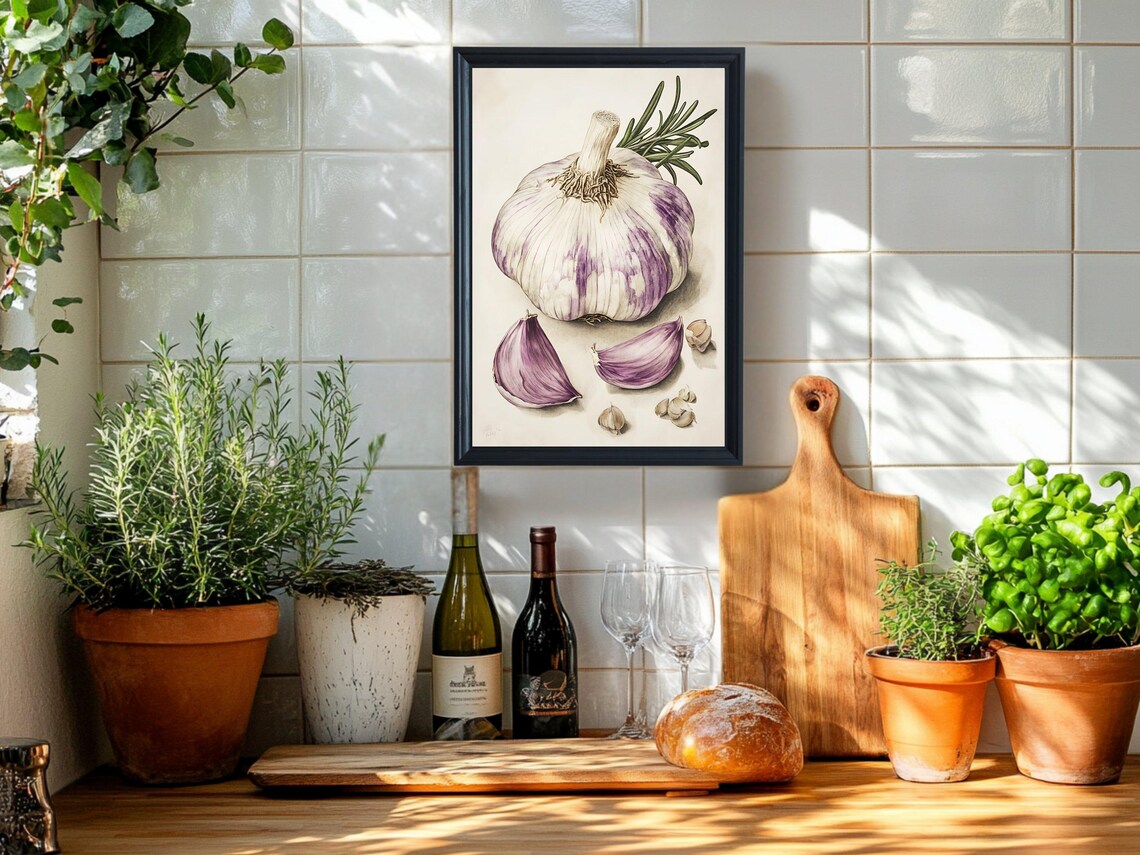 Purple Garlic Botanical Vintage Rustic Kitchen Decor Art Poster - Image 2