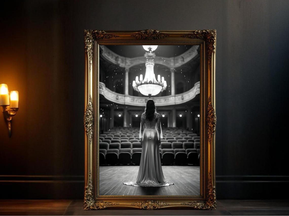 Woman in Gown Facing Empty Theater Stage, Dramatic B&W Poster