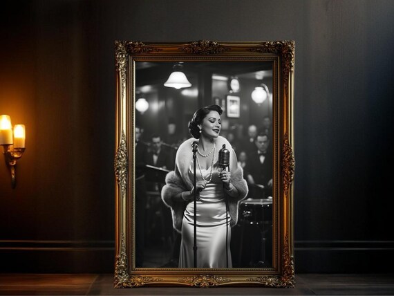 Vintage Jazz Club Singer at Classic Microphone with Big Band Poster
