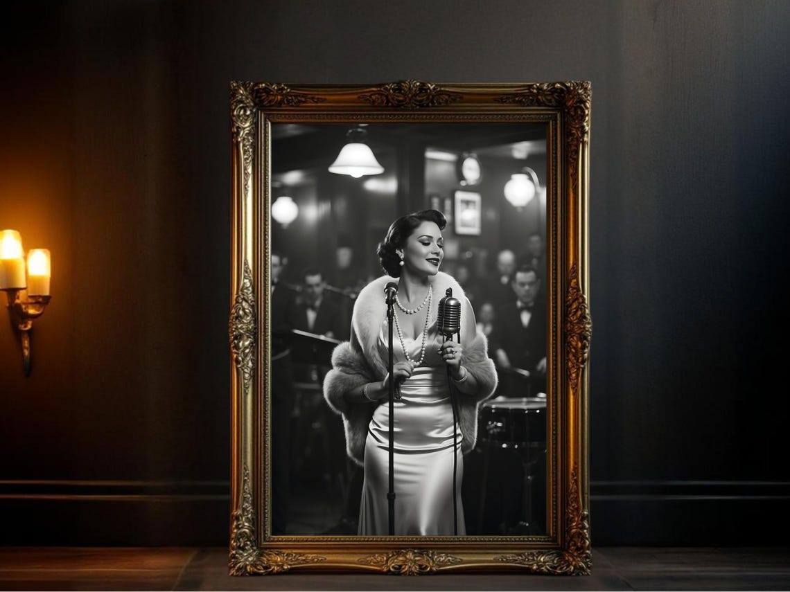 Vintage Jazz Club Singer at Classic Microphone with Big Band Poster