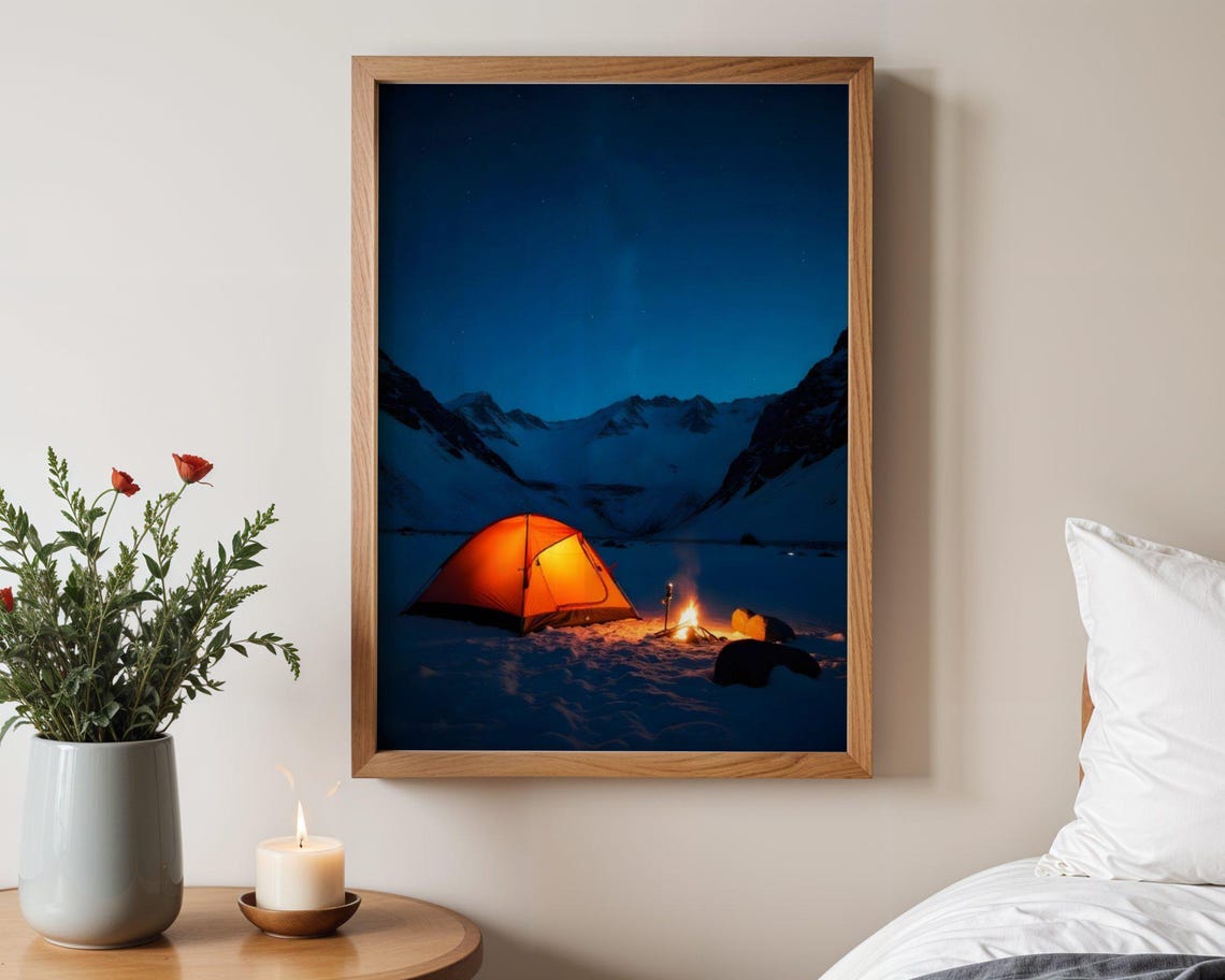 Stunning Mountain Camping Night Scene Wall Art Print Glowing Tent Under Starry Sky Wilderness Adventure Decor Nature Lover Gift