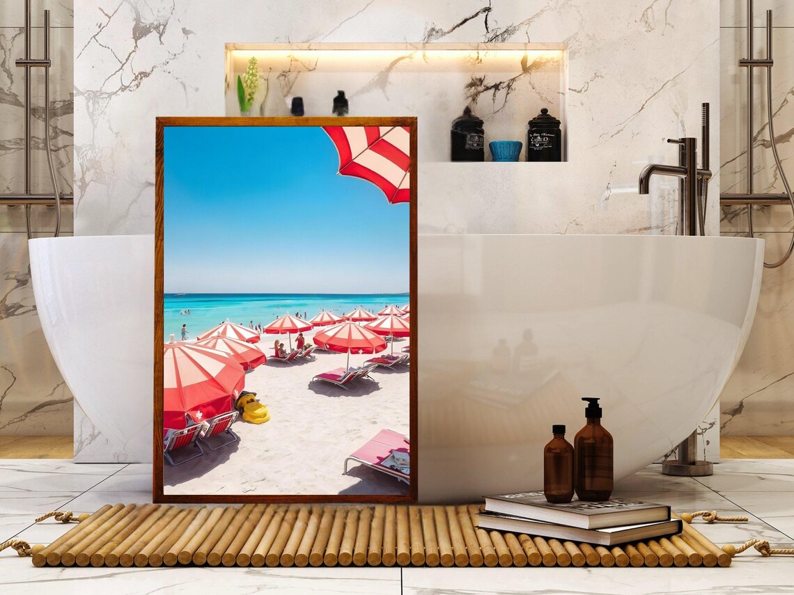 Red Striped Beach Umbrellas on White Sand Summer Photo Poster - Image 2