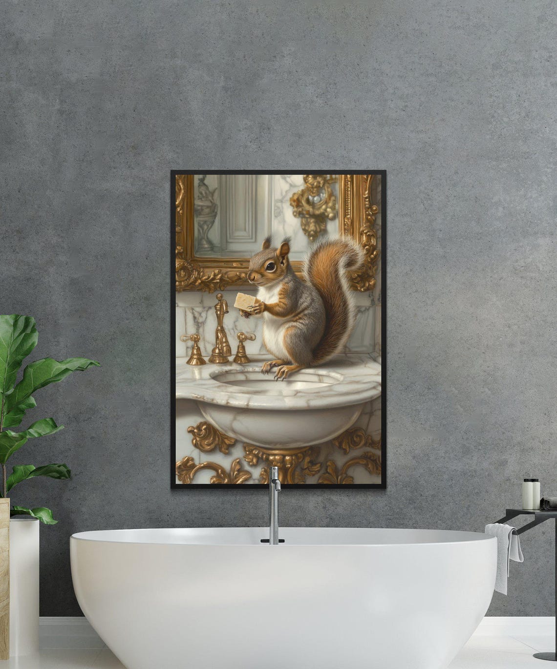 Squirrel Holding Soap on a Marble Sink Ornate Bathroom Wall Poster - Image 2