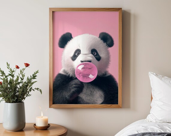 Panda Cub Blowing Pink Bubblegum Bubble Close-Up Cute Poster