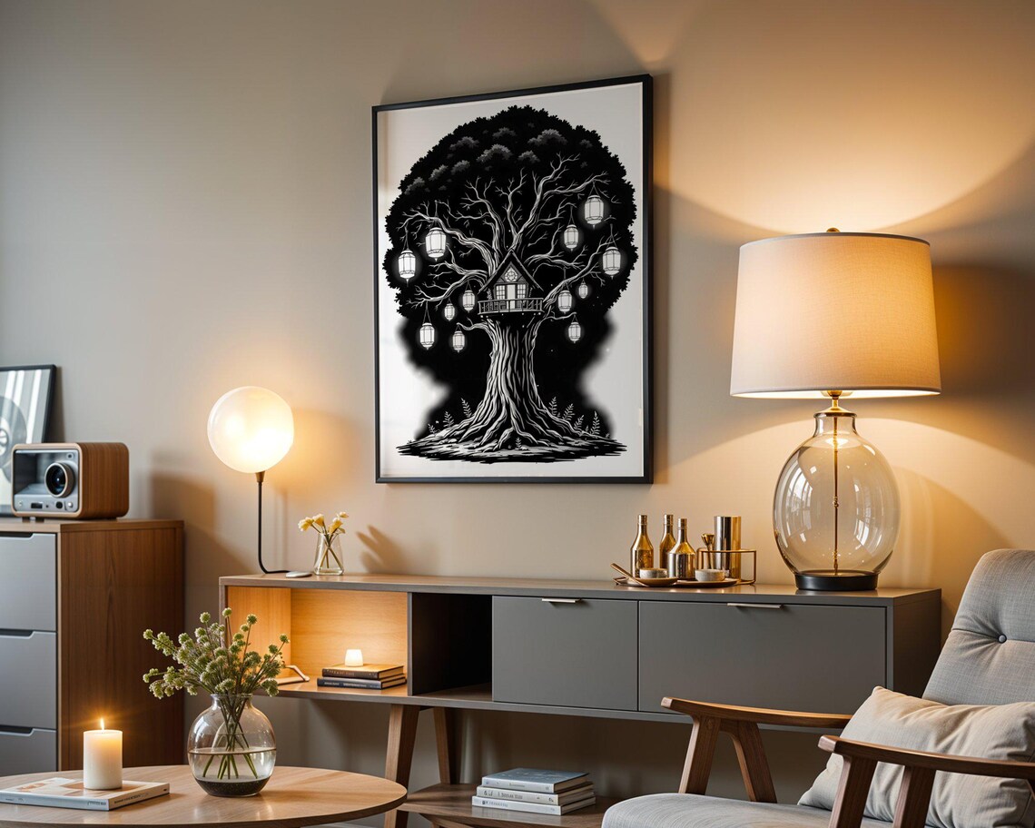 Enchanting Treehouse With Lanterns Wall Art Mystical Black And White Tree Illustration Print Nature Inspired Bohemian Decor - Image 3