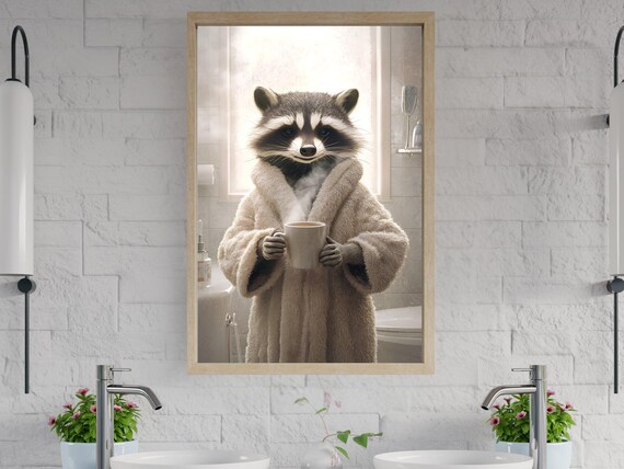Cozy Raccoon in a Fluffy Bathrobe Holding a Hot Cup of Coffee Poster
