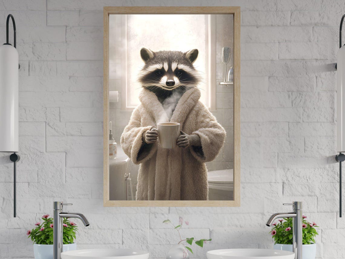 Cozy Raccoon in a Fluffy Bathrobe Holding a Hot Cup of Coffee Poster