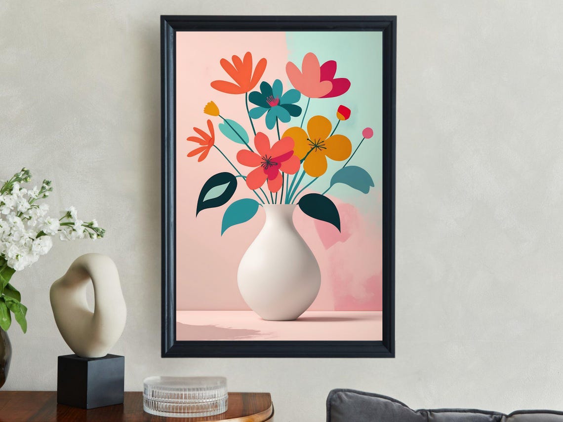 Modern Abstract Flower Bouquet In A White Vase On Pastel Colors Poster