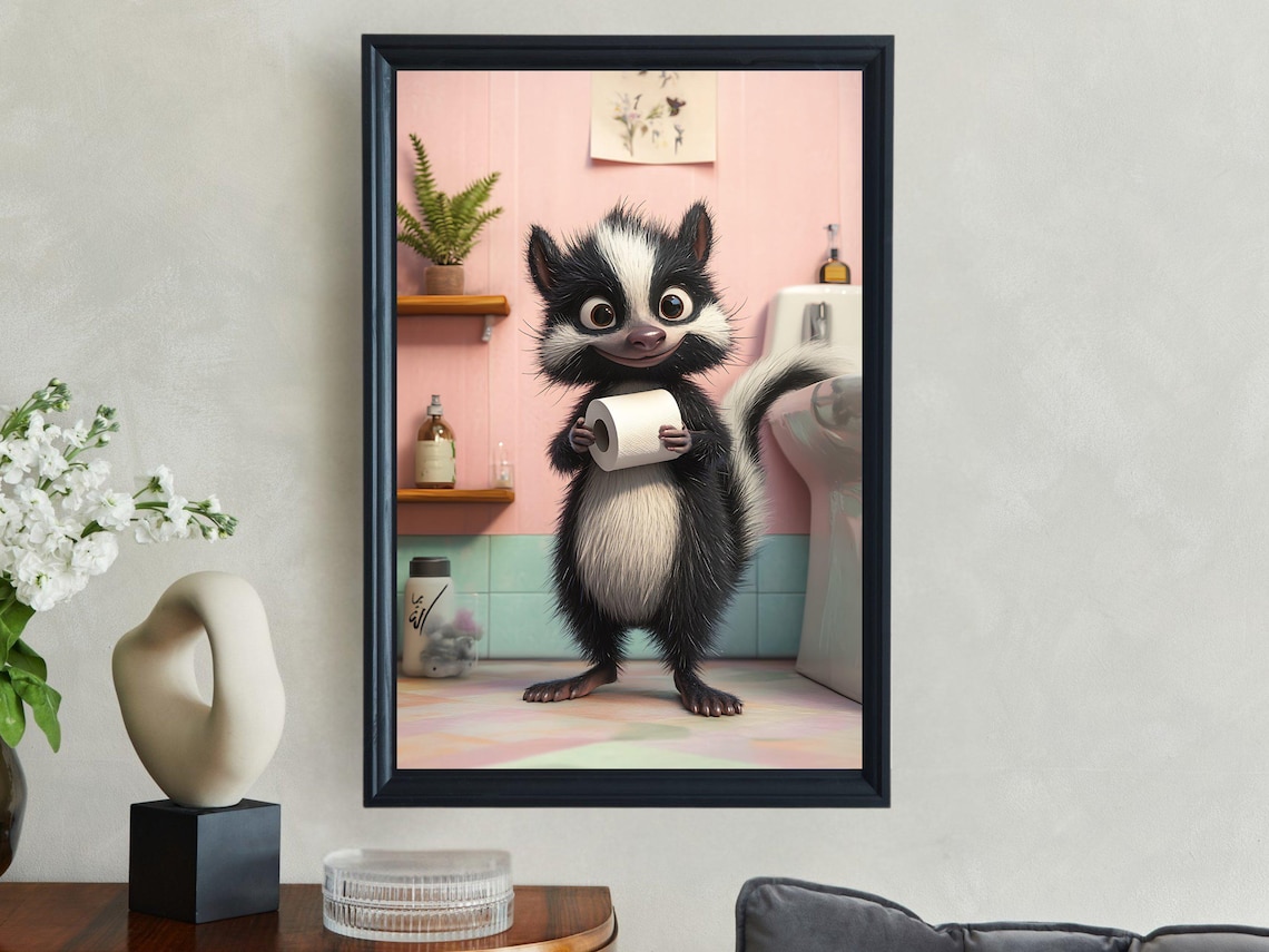 Funny Cartoon Skunk Holding a Roll of Toilet Paper Bathroom Poster - Image 2