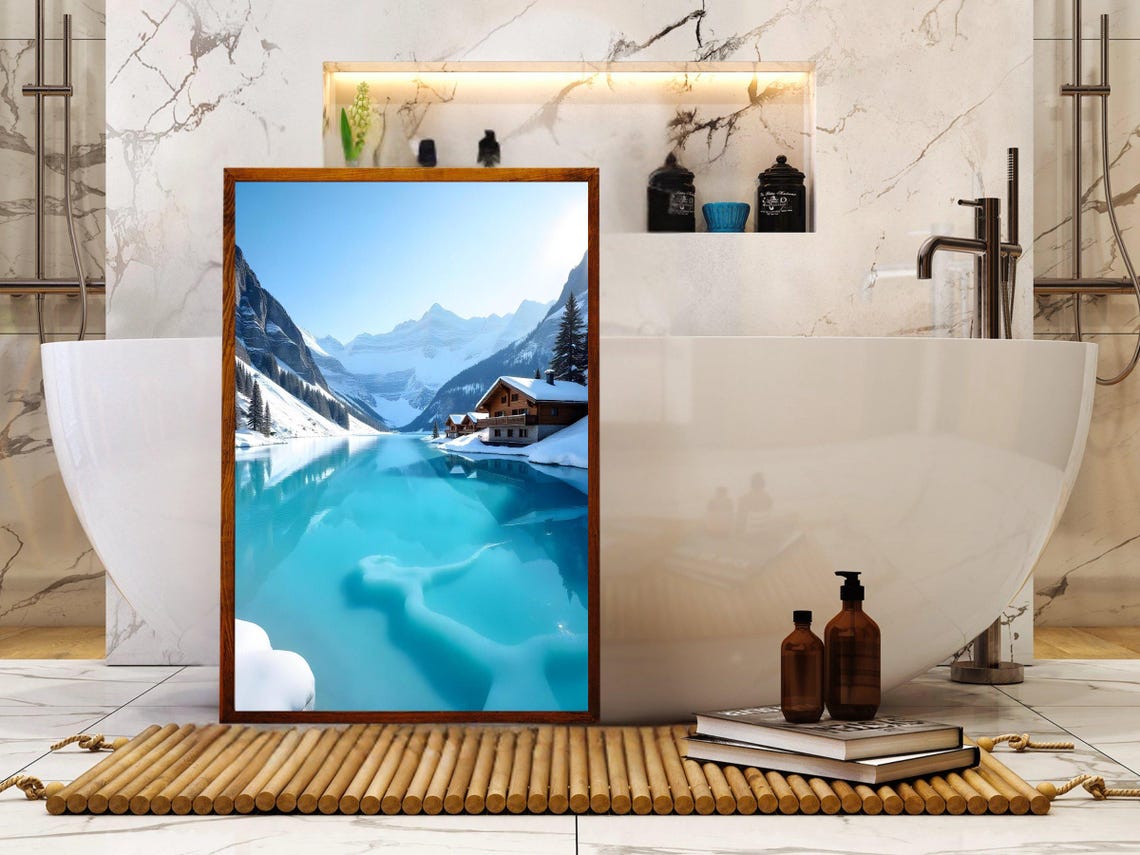 Cozy Wooden Alpine Chalet Beside Turquoise Lake in Winter Poster - Image 4