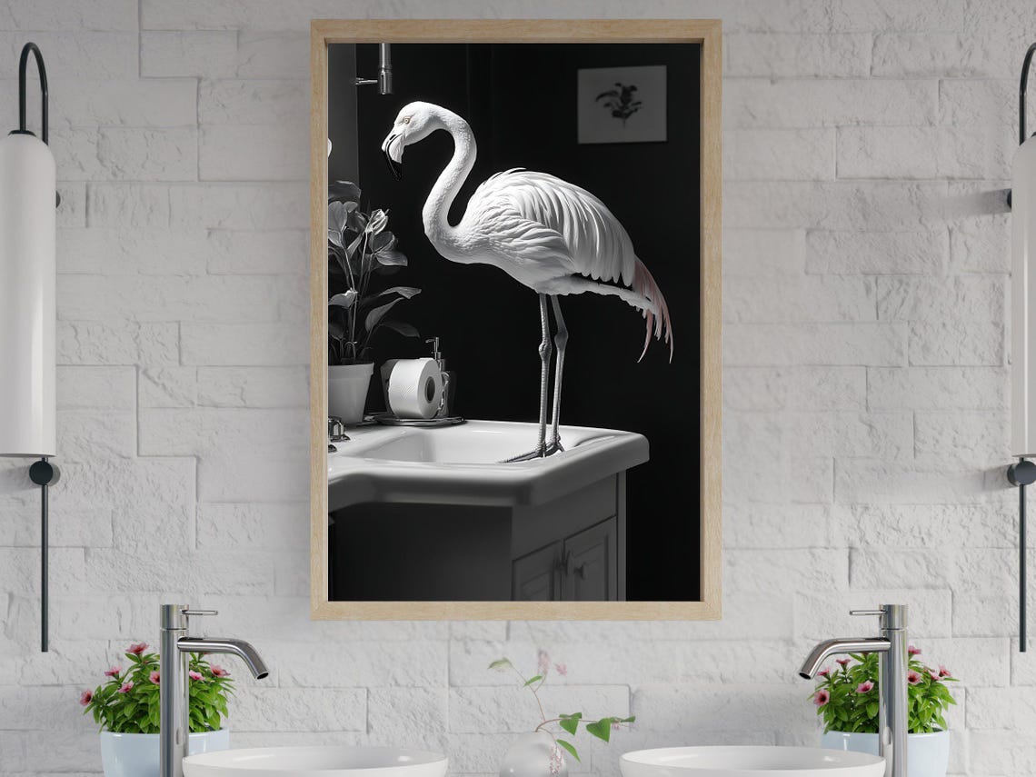 Minimalist Flamingo Standing in a Bathroom Sink Black White Poster