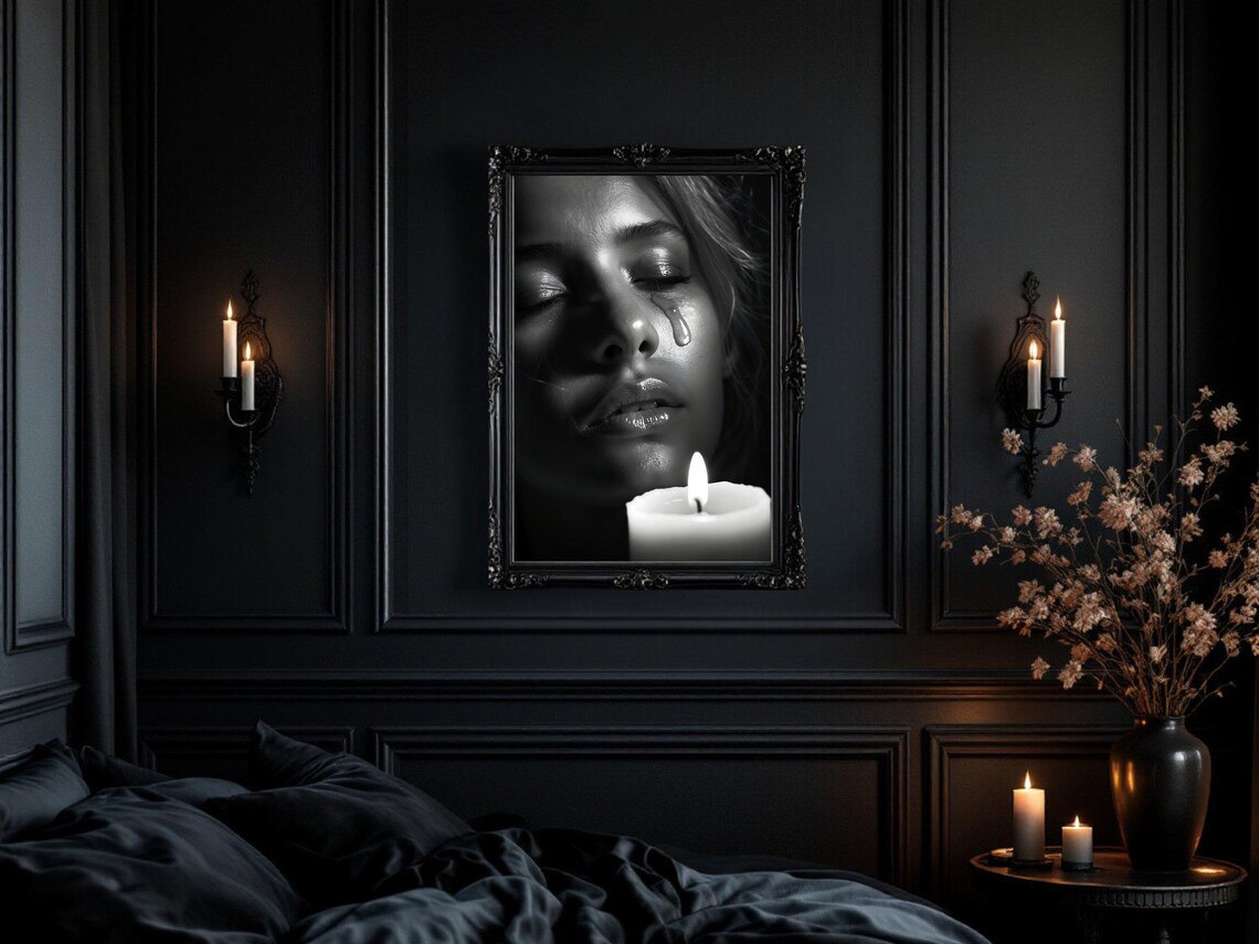Emotional Woman With A Tear Beside A Candle Moody Portrait Poster - Image 3
