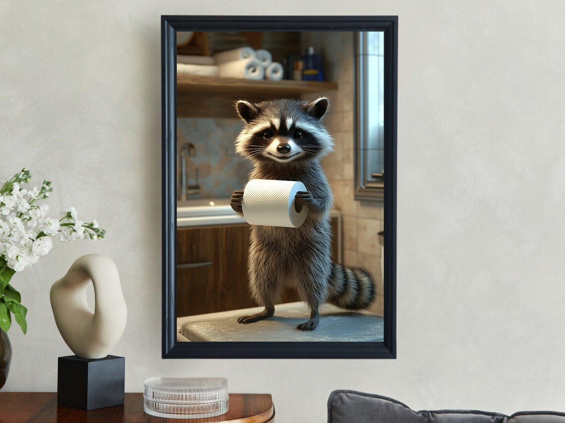Cute Raccoon Holding Toilet Paper Roll Funny Bathroom Animal Poster - Image 2
