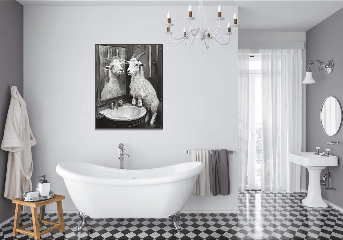Goat Standing on a Bathroom Sink Admiring Its Reflection Poster - Image 2