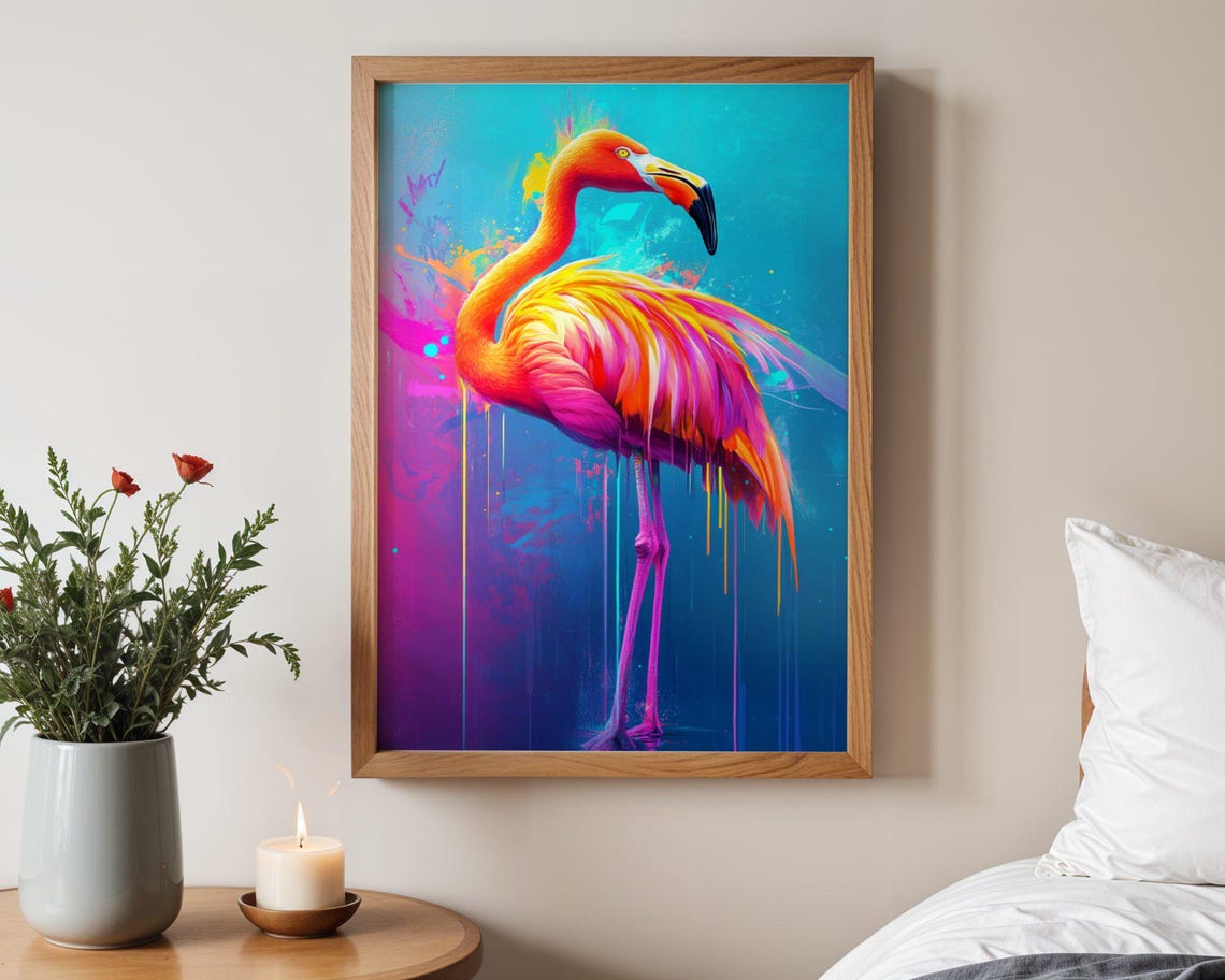 Vibrant Flamingo Graffiti Splash Portrait Modern Bird Wall Poster