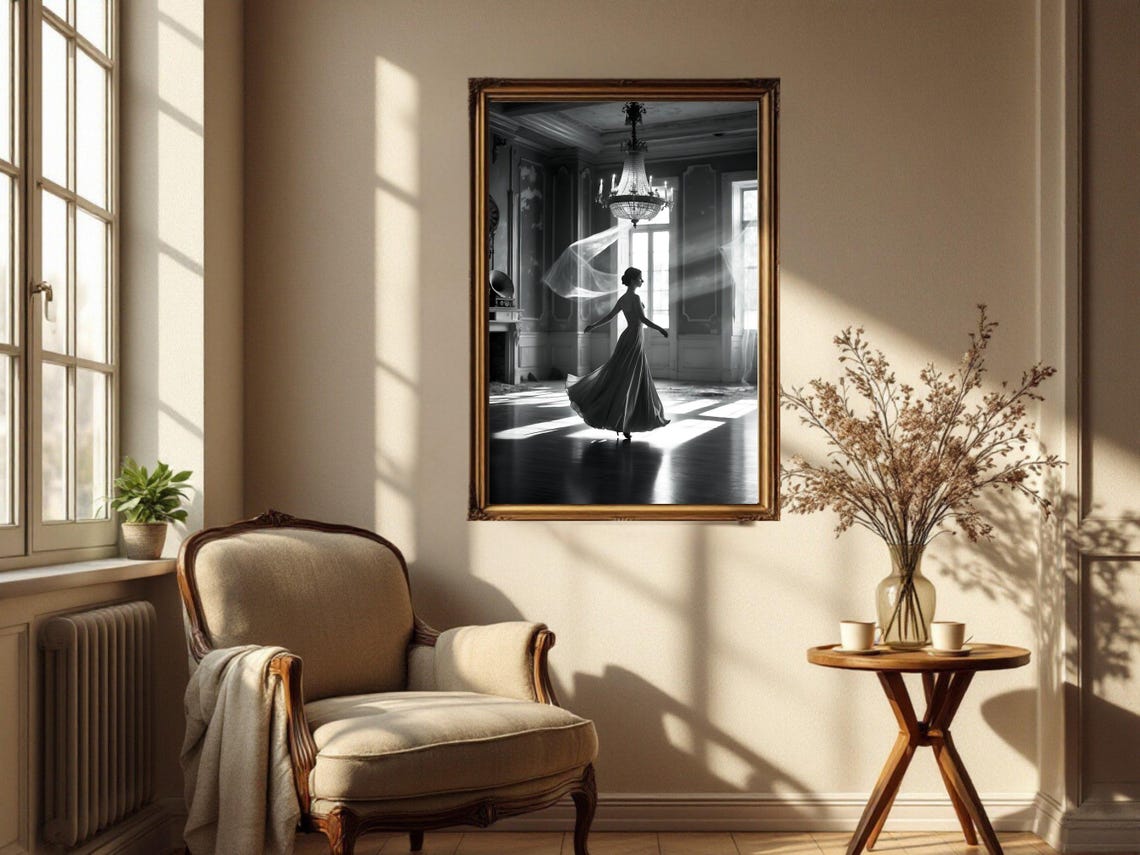 Ballerina Dancing Alone in Grand Ballroom, Black and White Poster - Image 2