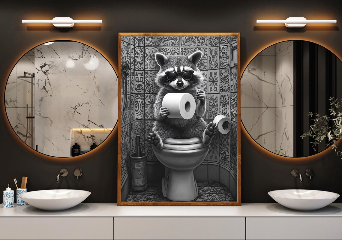 Raccoon Wearing Sunglasses On A Toilet Holding Toilet Paper Poster - Image 3