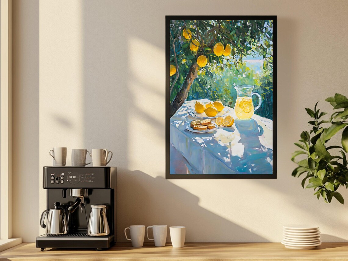 Lemon Tree Sunlit Table Art Still Life Lemons Painting Yellow Citrus Fruit Decor Kitchen Wall Art Fresh Lemonade Painting - Image 2