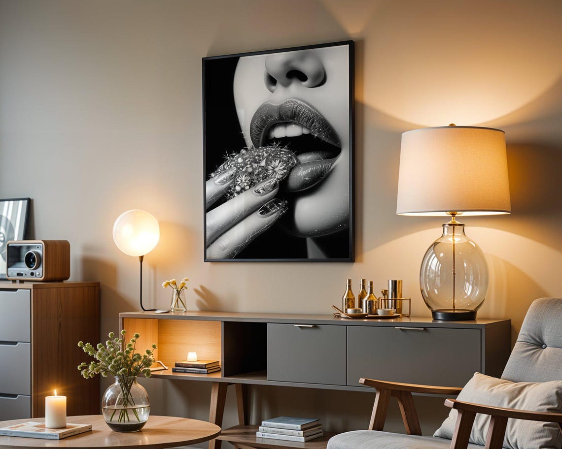 Sparkling Lips With Diamond Jewel Black White Glamour Poster - Image 3